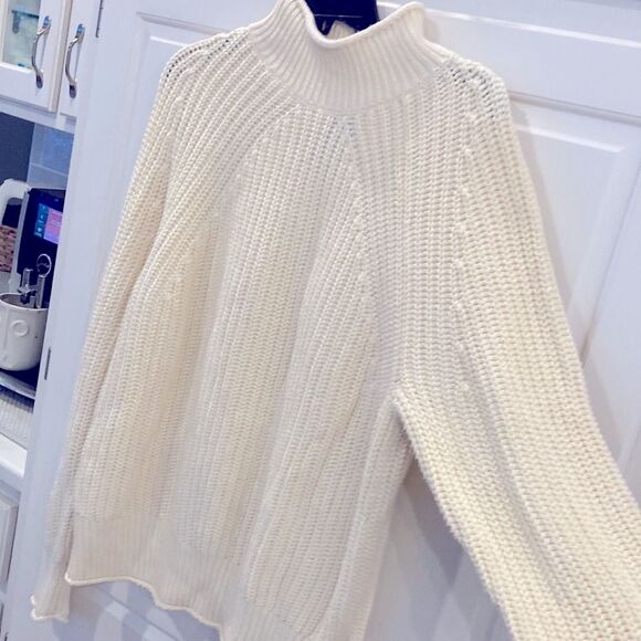J. Crew 100% cotton ivory chunky knit rolled mock neck fisherman sweater - Picture 5 of 10